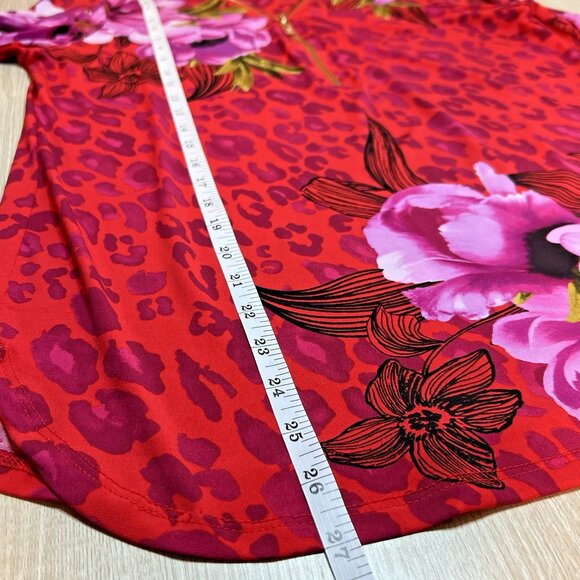 JM Collection Tunic Top Womens M Red Floral 1/2 Zip V-Neck Roll Tab Sleeve - Picture 9 of 11